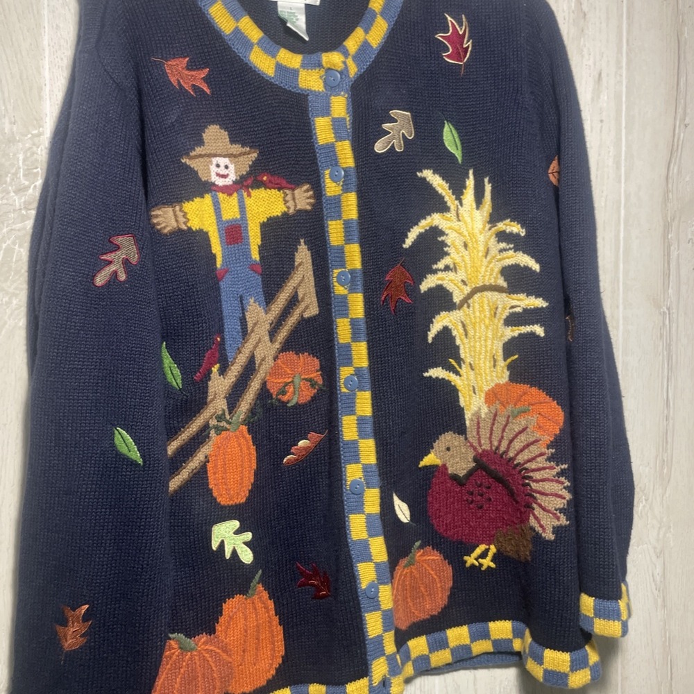 Quacker Factory Vintage Large Fall Cardigan Sweater Scarecrow Turkey Design